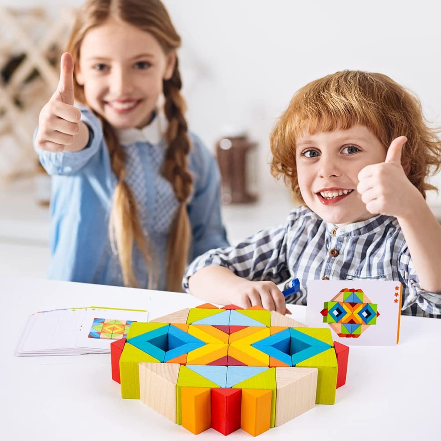 Fidtoy 3D Wooden Geometrical Arranging Mind Puzzle Challenge, 48 Piece Wooden Geometry Stacking Blocks with Pattern Cards, Montessori Shape Sorting STEM Puzzle for Kids Ages 5+
