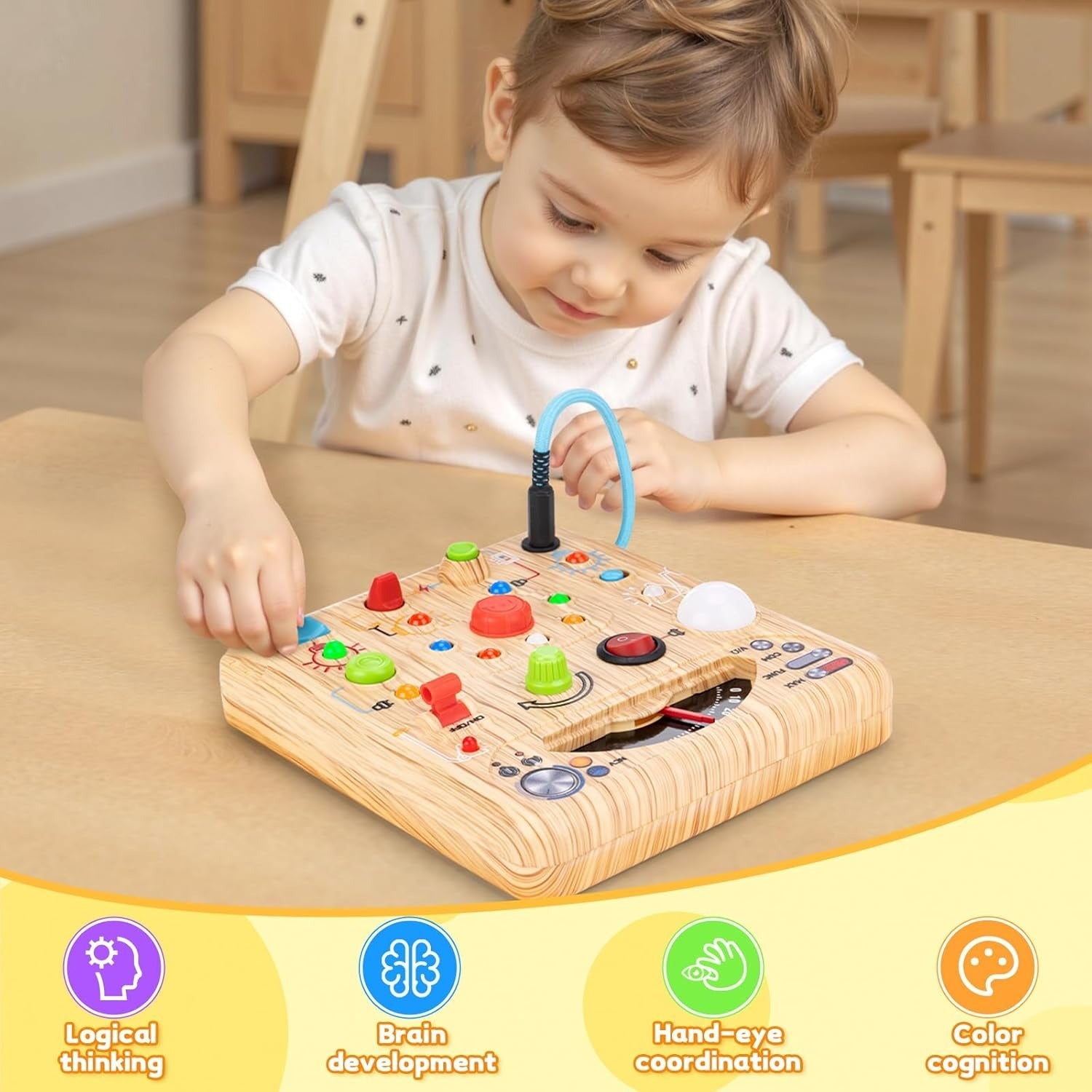 Fidtoy LED Simulated Ammeter Wooden Busy Board for Toddlers Light Switch STEM Activity Toy