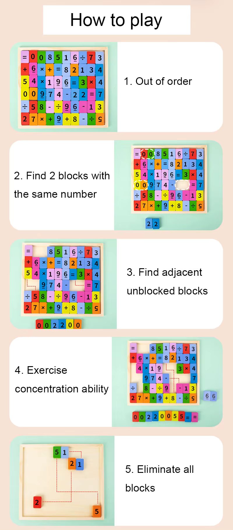 Fidtoy 2in1 Multifunctional Math and Spelling Eliminate the Game, Wooden Double-Sided Number and Letter Learning Board, Montessori Early Education Toy Ages 2-6