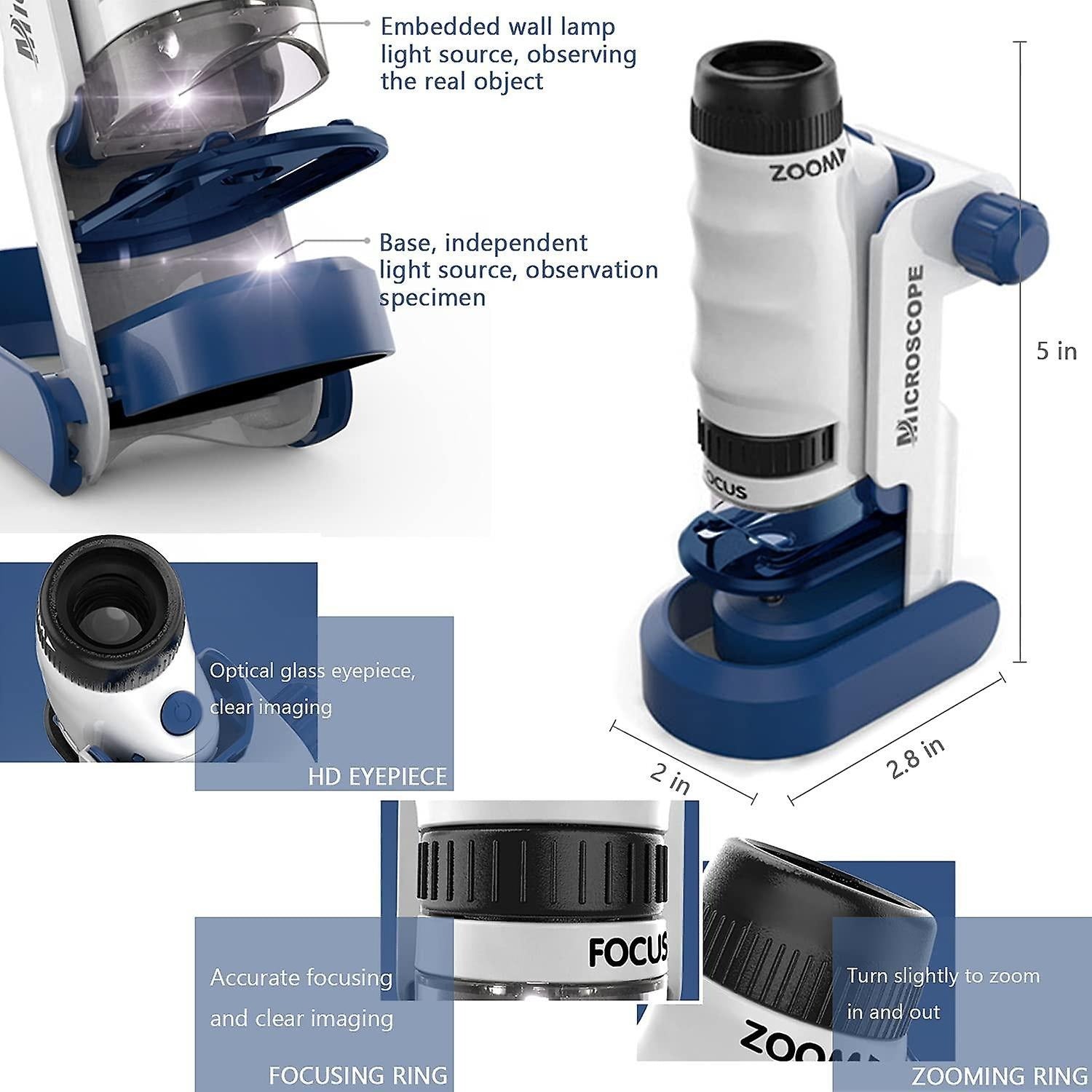 Fidtoy Kids Pocket Microscope 60x-120x Portable STEM Scientific Microscope Experiment Kit, Handheld Plastic Microscope for Ages 6+, LED Light, Slides, Base, Storage Bag, Home Science Exploration Toy