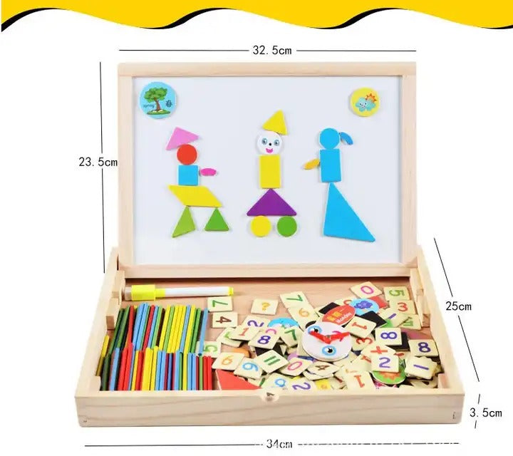 Fidtoy 2in1 Magnetic Arithmetic Learning Puzzle Board, Wooden Math Learning Box with Numbers, Arithmetic Symbols, Drawing Board, Color Sorting Rods and Clock Learning Toy Ages 3-6