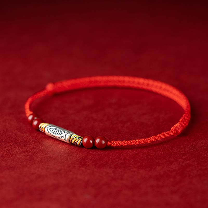 Buddha Stones 925 Sterling Silver Koi Fish Cinnabar Bead Wealth Handcrafted Braided Bracelet Anklet Bracelet Anklet BS 3