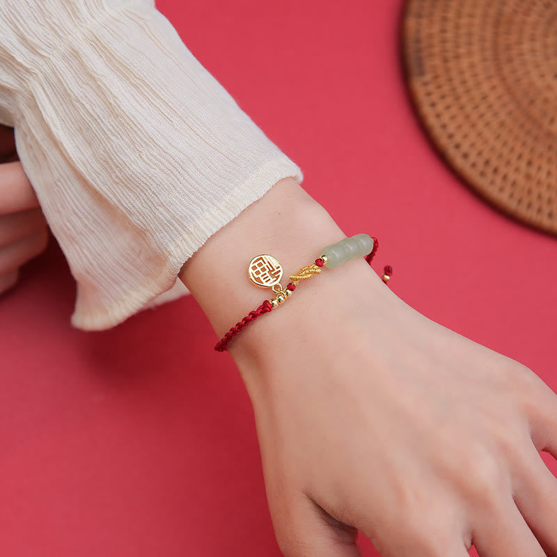 Buddha Stones Handcrafted Jade Bead Fu Character Charm Luck Red Rope Bracelet Bracelet BS 5