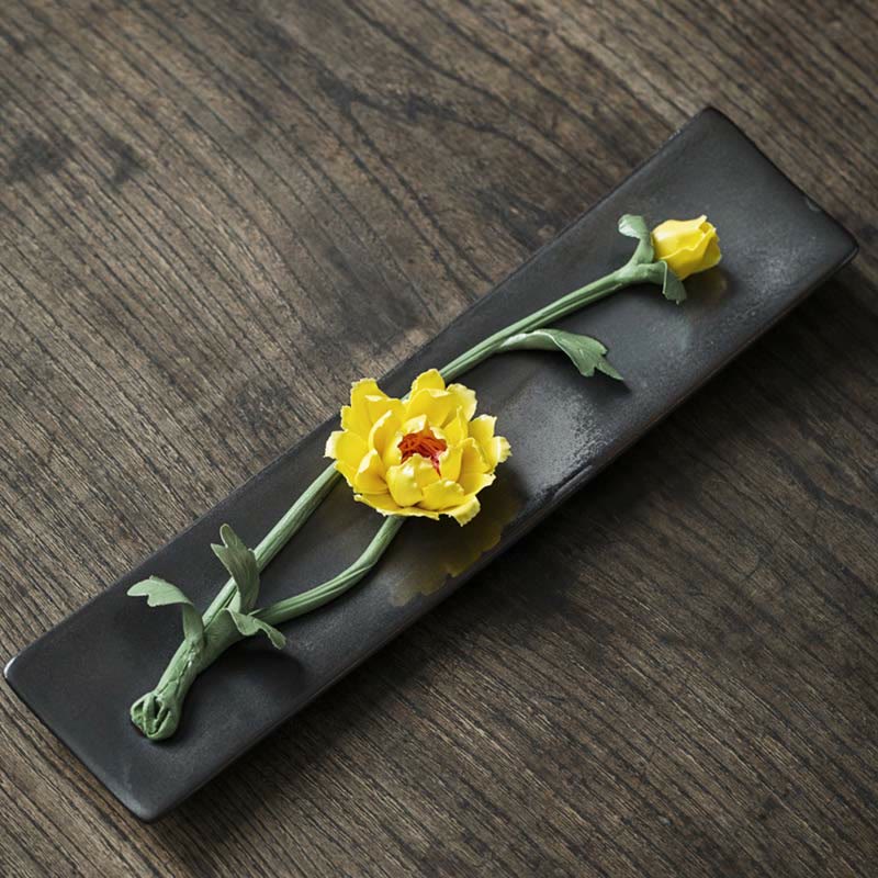 Buddha Stones Lotus Peony Rose Flower Ceramic Spiritual Incense Burner Incense Burner BS Yellow Peony
