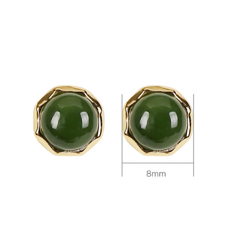 Buddha Stones 925 Sterling Silver Plated Gold Natural Hetian Cyan Jade Bead Luck Stud Earrings Earrings BS 7