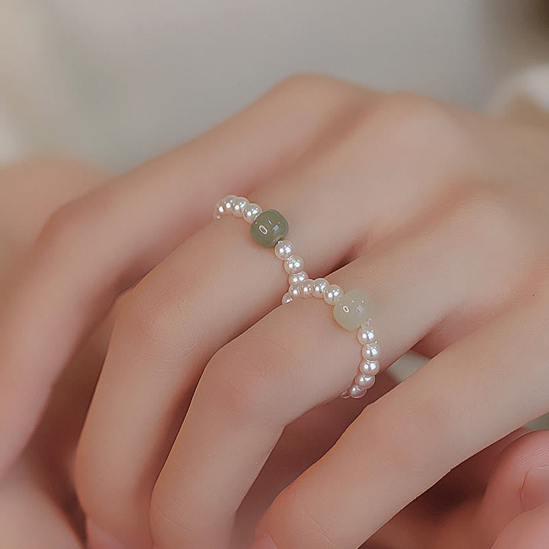 Buddha Stones Round Jade Pearl Beads Luck Ring 7