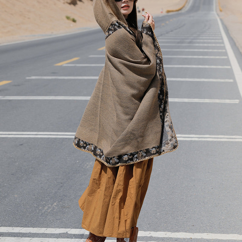 Buddha Stones Tibetan Shawl Border Small Floral Flower Hooded Cloak Winter Cozy Travel Scarf Wrap Tibetan Shawl BS 38