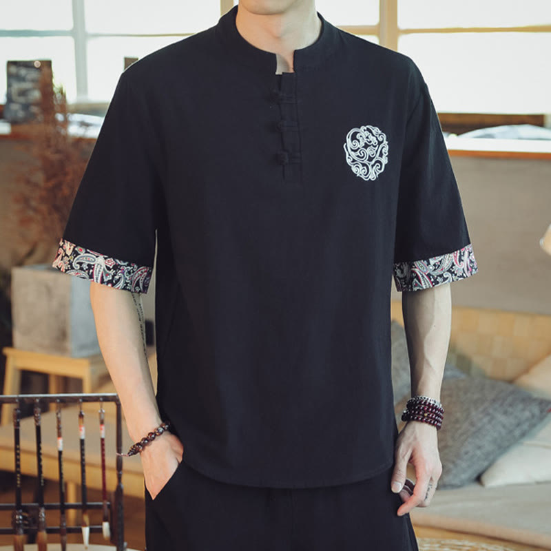 Buddha Stones Frog-Button Dragon Embroidery Chinese Tang Suit Short Sleeve Shirt Linen Men Clothing Men's Shirts BS 28