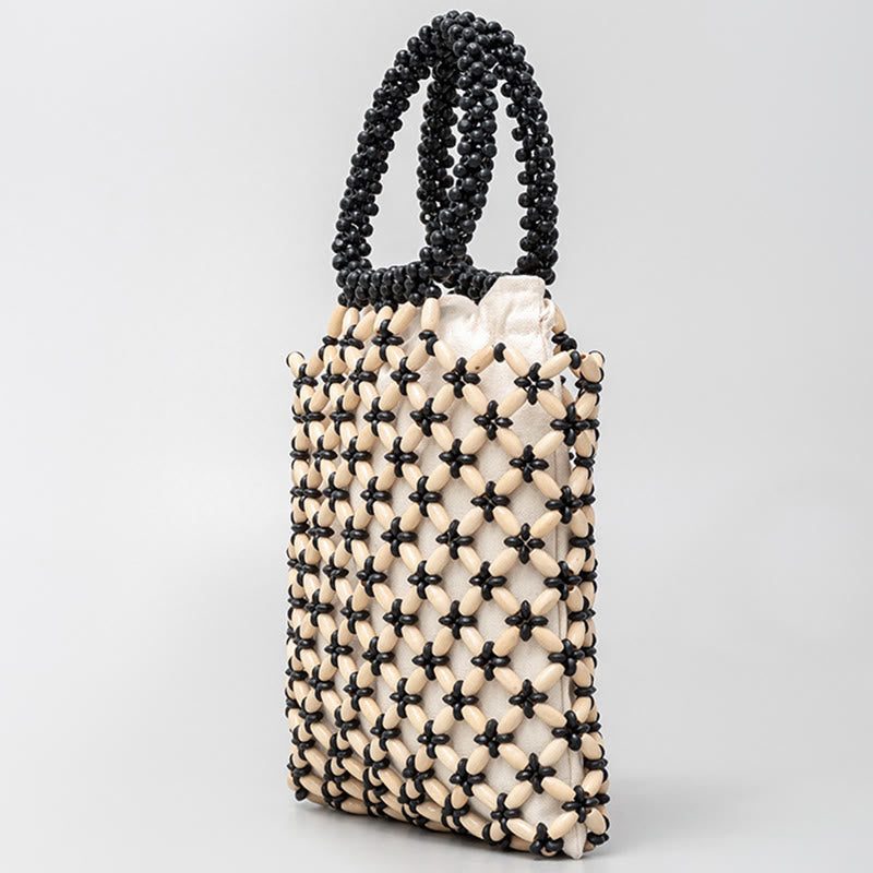 Buddha Stones Hand-woven Lozenge Wooden Beads Handbag Handbags BS 1
