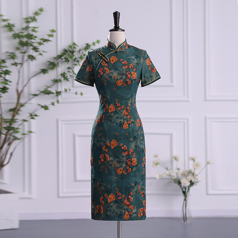 Buddha Stones Retro Flower Lotus Peony Feather Print Qipao Dress Women's Cheongsam Dress - Green Flower - US16,UK/AU20,EU48 (5XL) - image 0