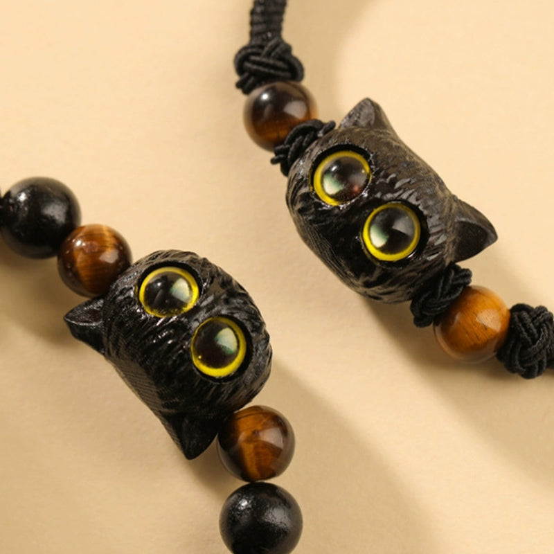 Buddha Stones Cute Ebony Wood Cat Head Pattern Peace Bracelet Bracelet BS 7