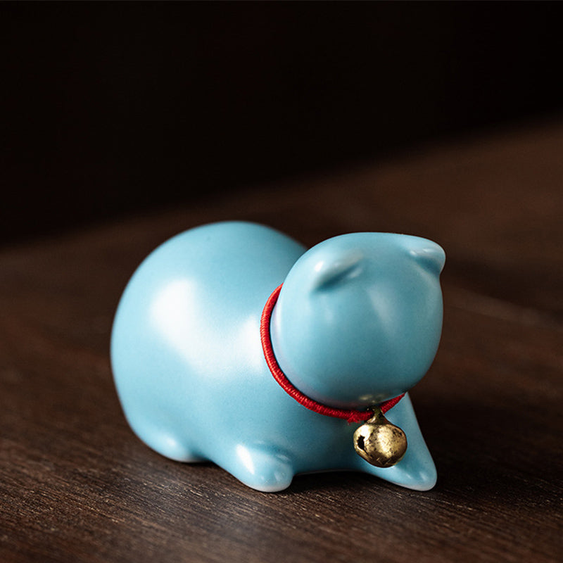 Buddha Stones Mini Small Cute Cat Tea Pet Ceramic Home Desk Figurine Decoration Decorations BS Sitting Cat 5*3*3cm Blue
