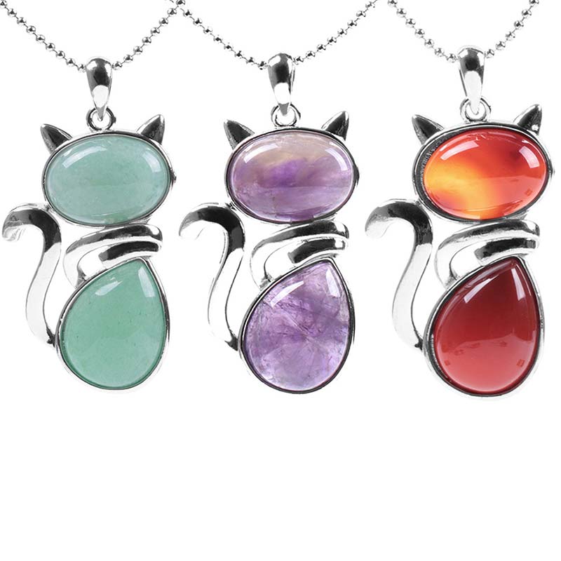 Buddha Stones Cat Pattern Natural Crystal Protection Necklace Pendant - image 0