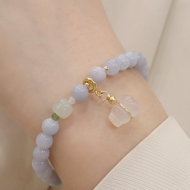 Buddha Stones Natural Aquamarine Chalcedony Serenity Rabbit Gourd Cat Charm Bracelet Bracelet BS Aquamarine Chalcedony Gourd