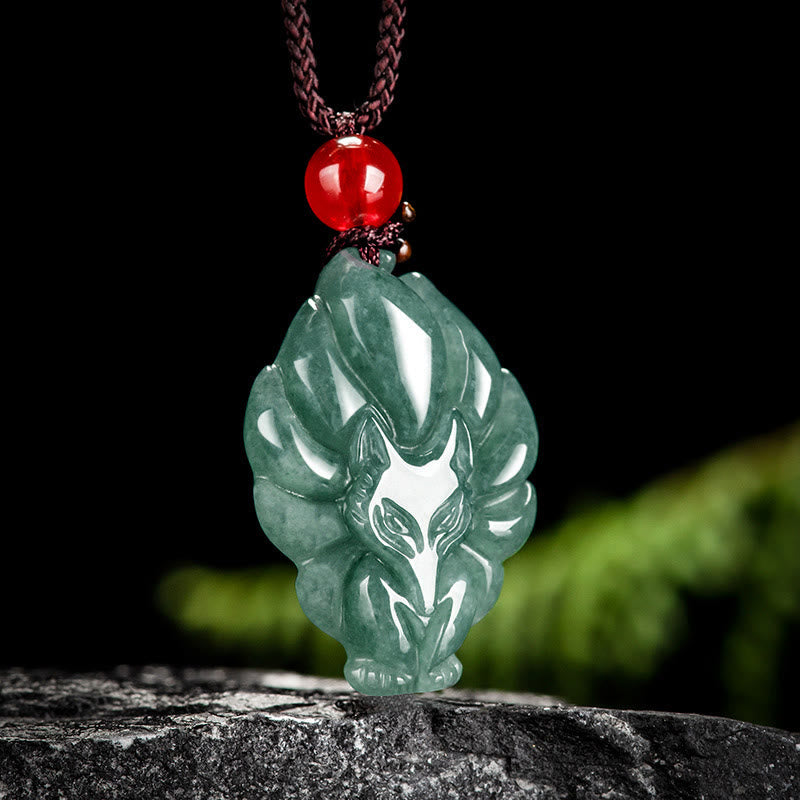 Foviel Natural Green Jade Nine Tailed Fox Luck Necklace Pendant