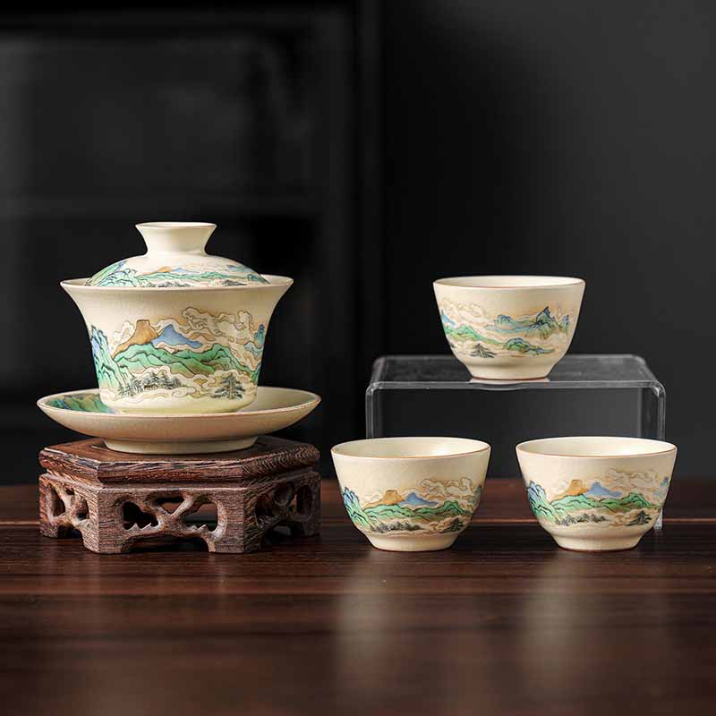 Buddha Stones A Panorama of Rivers and Mountains Flowers Ceramic Gaiwan Sancai Teacup Kung Fu Tea Cup And Saucer With Lid Cup BS 4PCS A Panorama of Rivers and Mountains(1PC 12cm*9cm*100ml&3PCS 6.5*4cm*40ml)