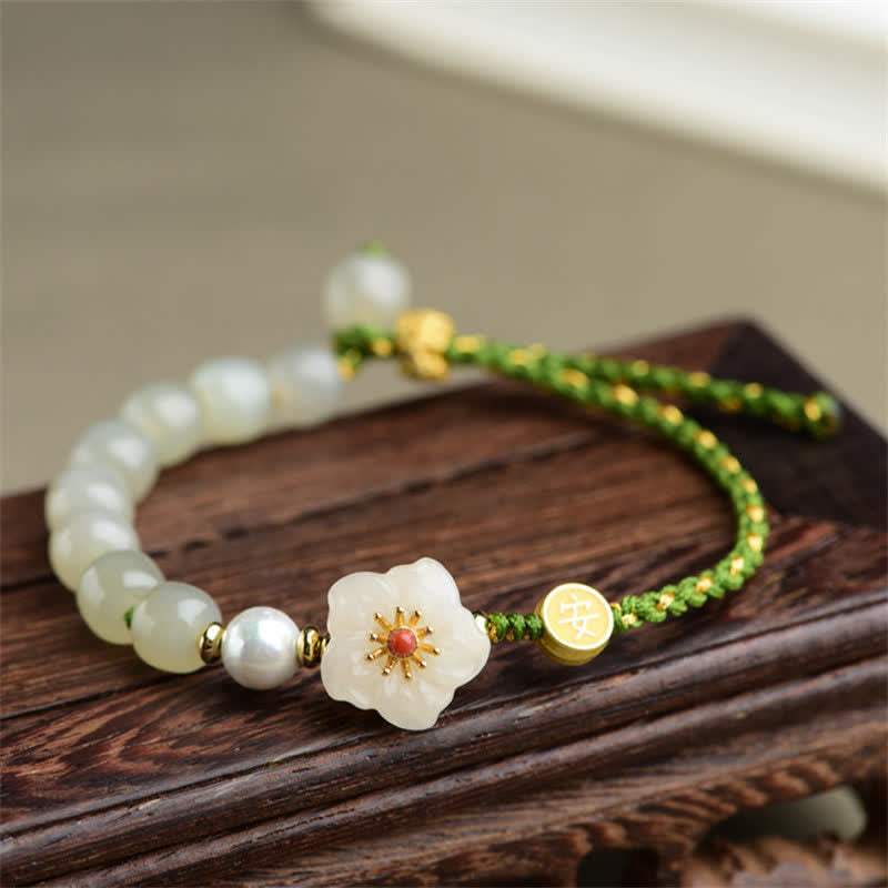Buddha Stones 925 Sterling Silver Natural Hetian Jade Peach Blossom Luck Bracelet - Hetian Jade(Prosperity♥Abundance) - image 0