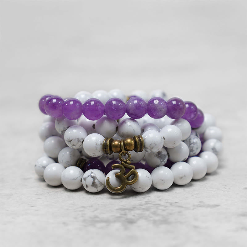 Buddha Stones 108 Mala Beads Amethyst White Turquoise OM Healing Meditation Energy Bracelet Bracelet BS 3
