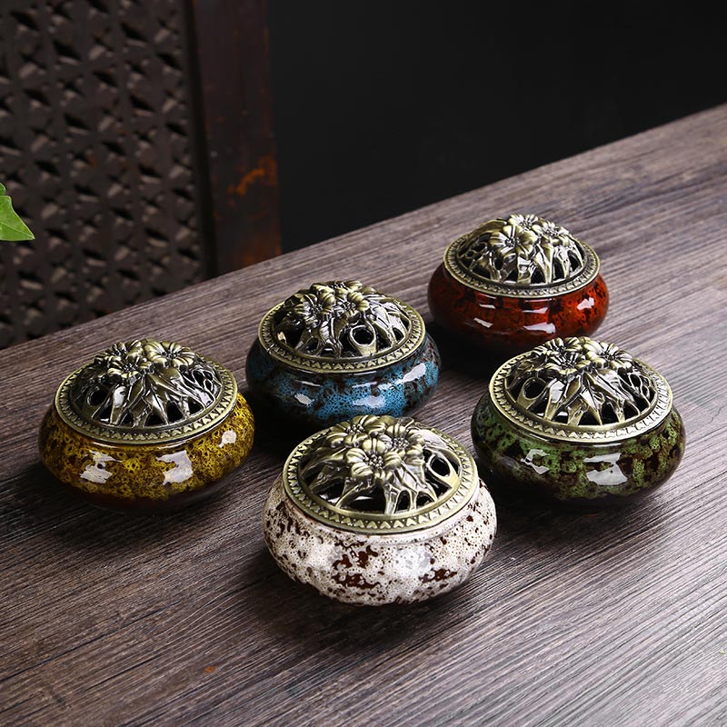 Buddha Stones Flower Pattern Ceramic Blessing Meditation Incense Burner Decoration Decorations Incense Burner BS 1