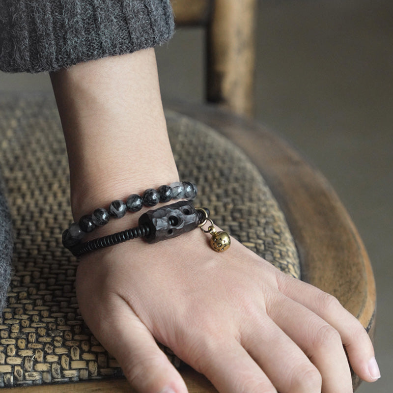 Buddha Stones Black Rutilated Quartz Ebony Wood Copper Wisdom Couple Bracelet Bracelet BS 2