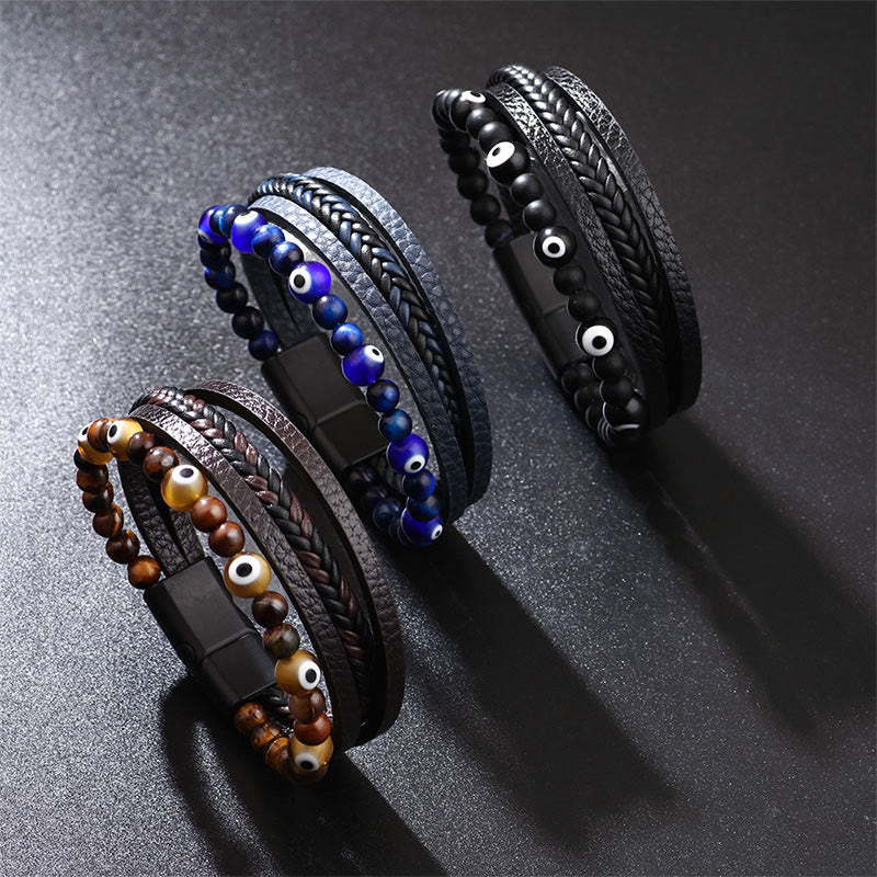 Buddha Stones Evil Eye Tiger Eye Protection Beaded Multilayered Braided Bracelet Bracelet BS 1