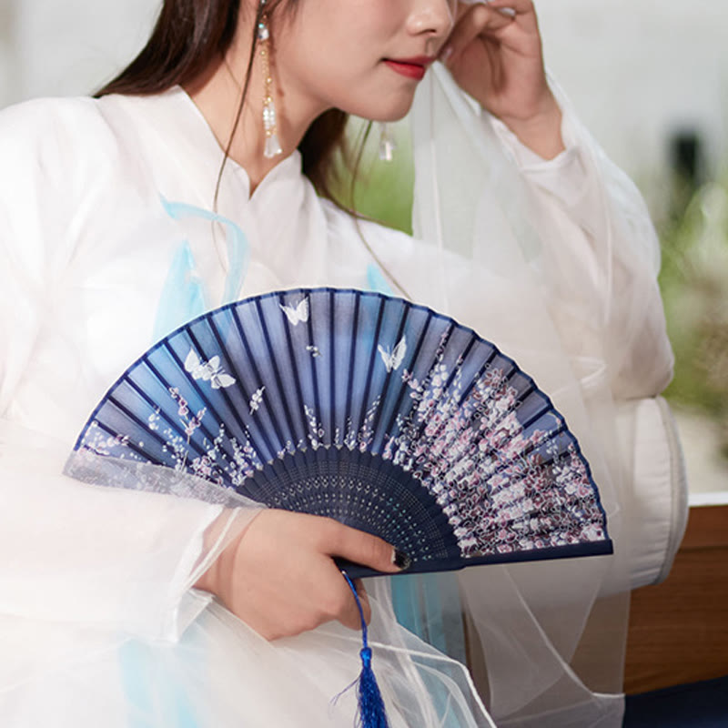 Buddha Stones Butterfly Flowers Handheld Silk Bamboo Folding Fan