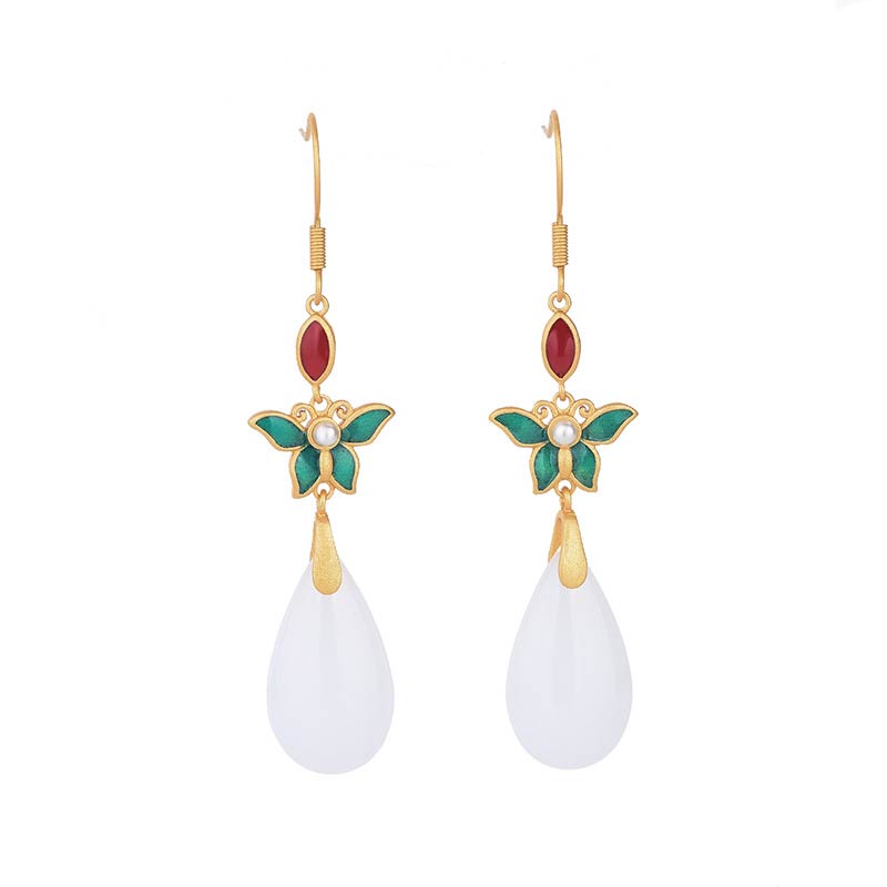 Buddha Stones FengShui White Jade Luck Drop Earrings Earrings BS 7