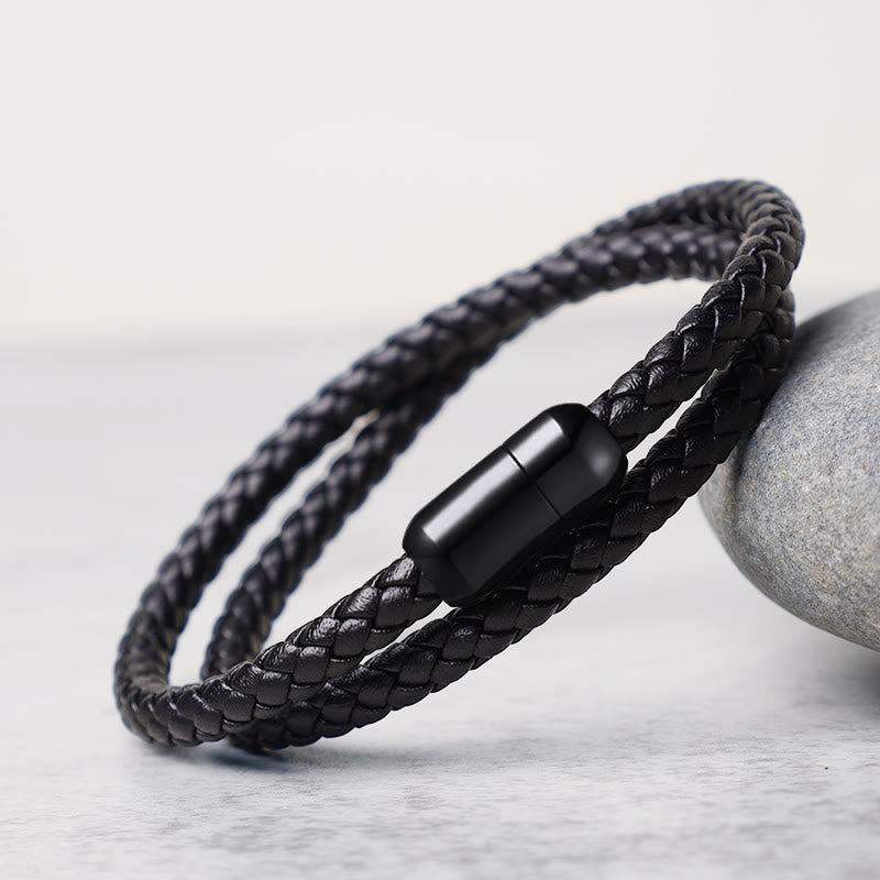 Buddha Stones Genuine Leather Red String Protection Magnetic Buckle Bracelet Bracelet BS Black(Wrist Circumference 14-16cm)