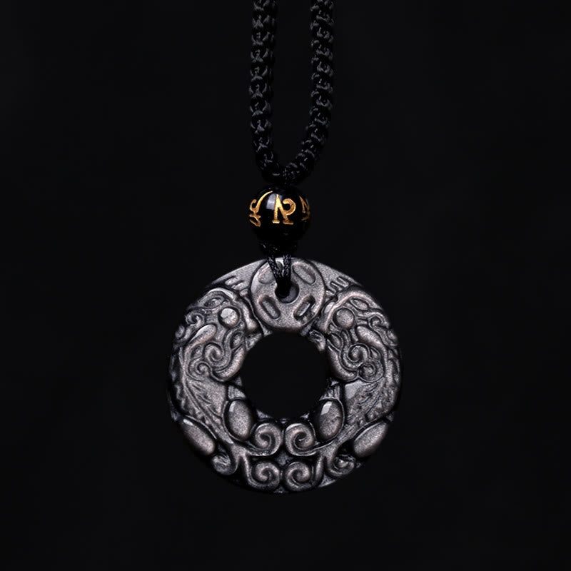 Buddha Stones Natural Silver Sheen Obsidian Double PiXiu Copper Coin Peace Buckle Protection Necklace Pendant Necklaces & Pendants BS 7