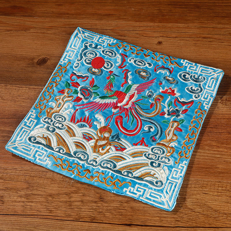 Buddha Stones Crane Phoenix Dragon Kirin Embroidered Cup Mat Pad Tea Cup Coaster Square Kung Fu Tea Mat Tea Mat BS Light Blue Phoenix