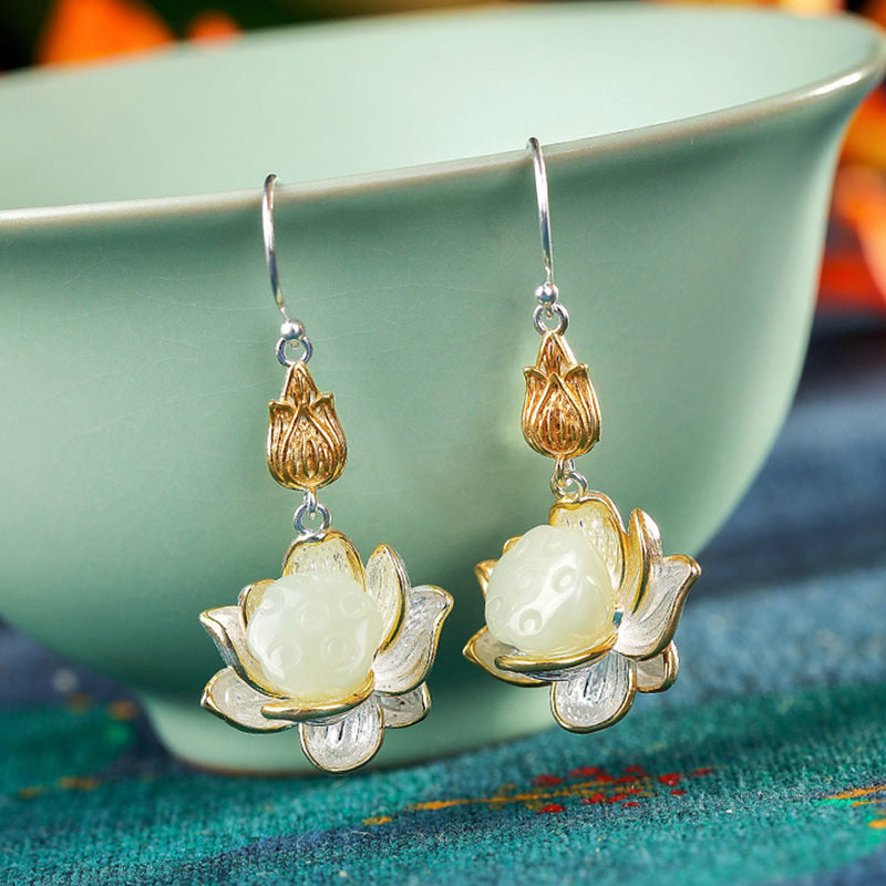 Buddha Stones White Jade Protection Harmony Drop Earrings Earrings BS 5