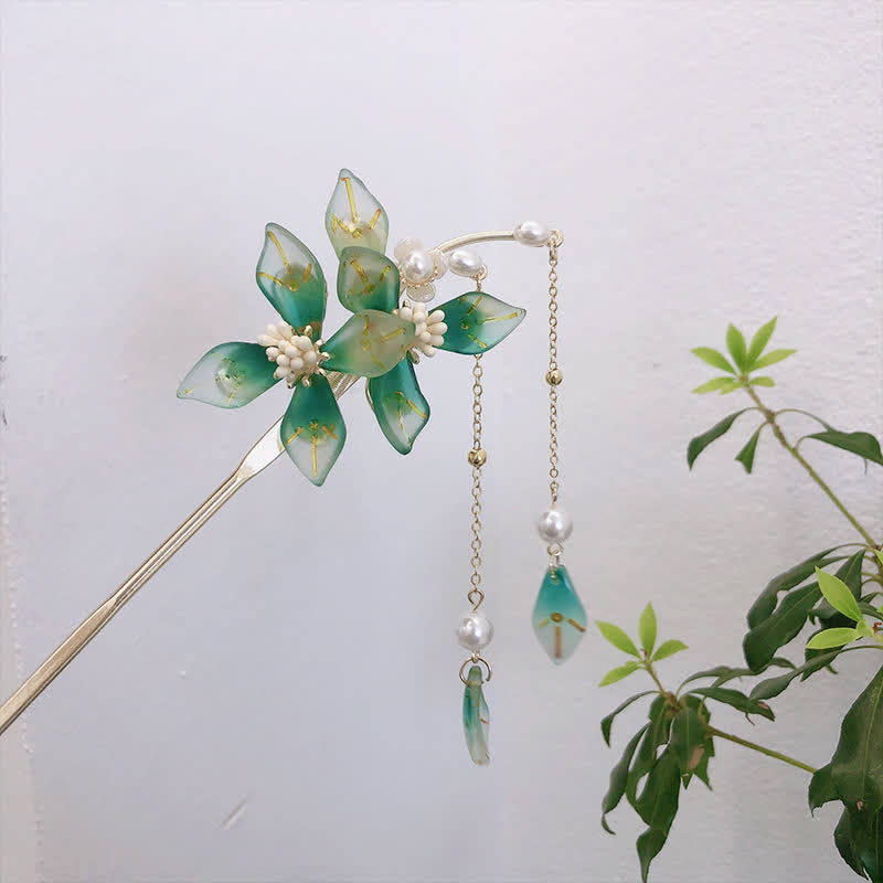 Buddha Stones Flower Leaf Pearl Peace Tassel Hairpin Hairpin BS 6