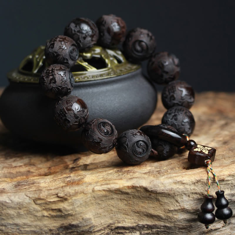 Buddha Stones Ebony Wood Chinese Character Yin Yang Engraved Gourd Balance Bracelet Bracelet BS 1