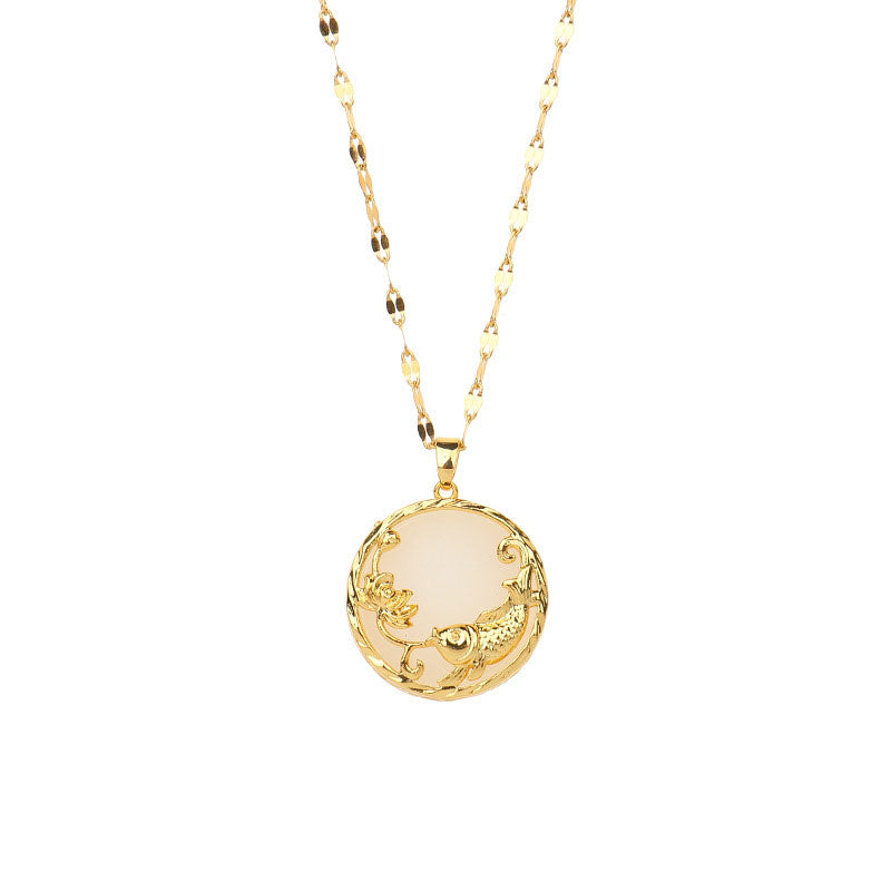 Buddha Stones Natural Jade Koi Fish Lotus Luck Necklace Pendant Necklaces & Pendants BS 7