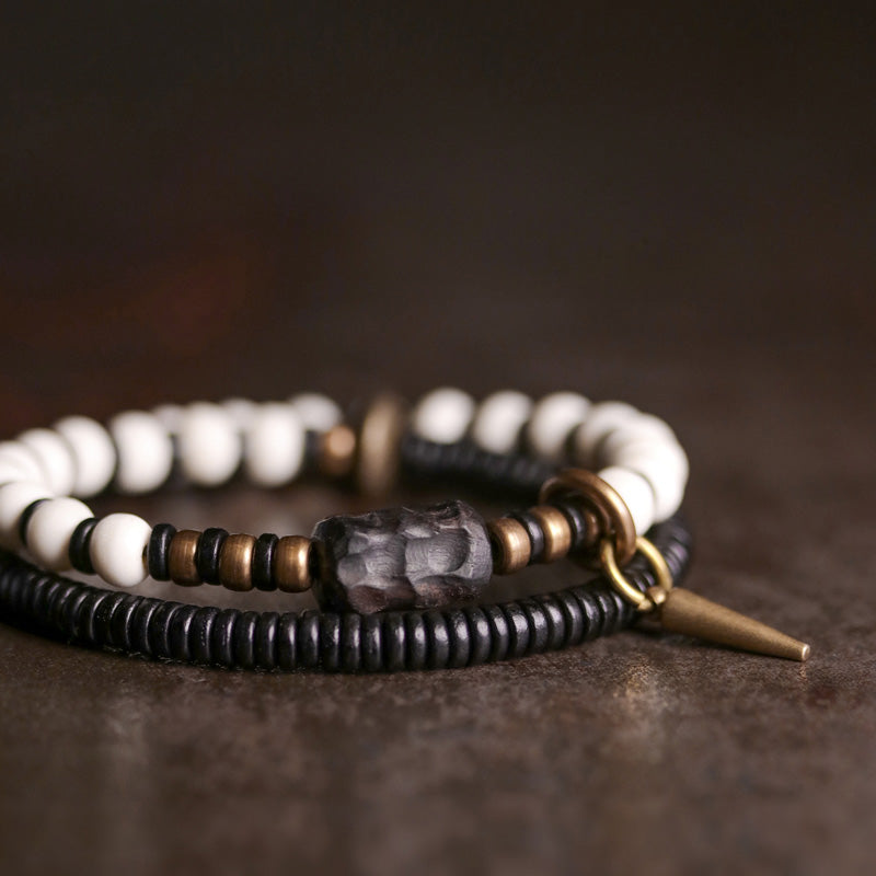 Bracelet de couple Foviel en perles d'os, bois d'ébène et cuivre, symbole de force