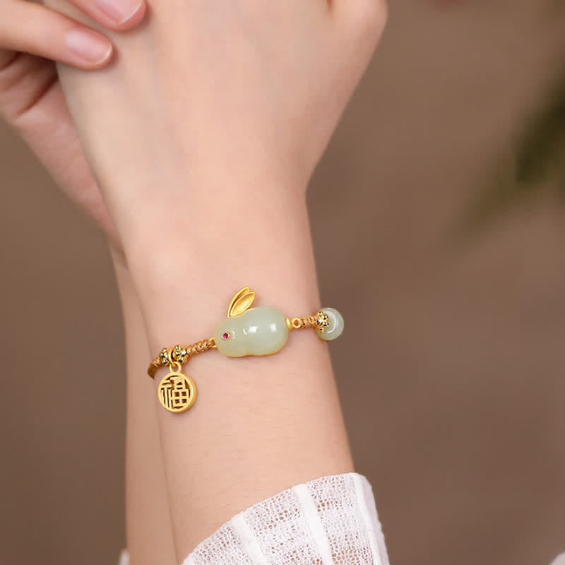 Buddha Stones Year of the Rabbit Hetian Jade Happiness Blessing Wealth String Bracelet Bracelet BS 2