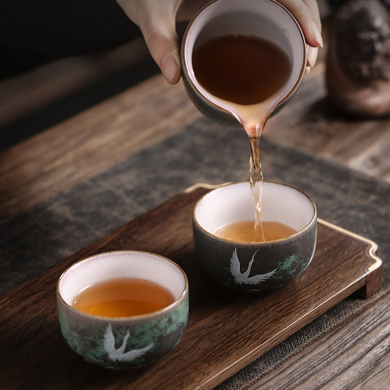 Buddha Stones Auspicious Crane Ceramic Teacup Kung Fu Tea Cup Bowl Cup BS 7