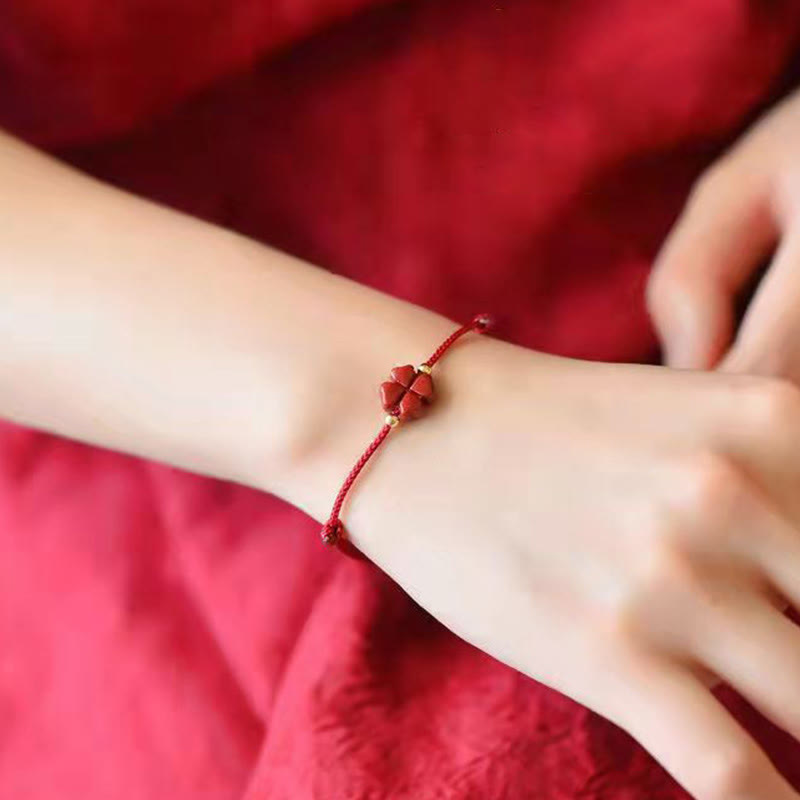 Buddha Stones Natural Cinnabar Four Leaf Clover Blessing Red String Bracelet Anklet Bracelet BS 7