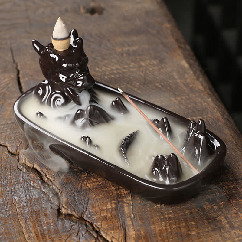 Buddha Stones Dragon Mountain Strength Ceramic Incense Burner Decoration Incense Burner BS Black