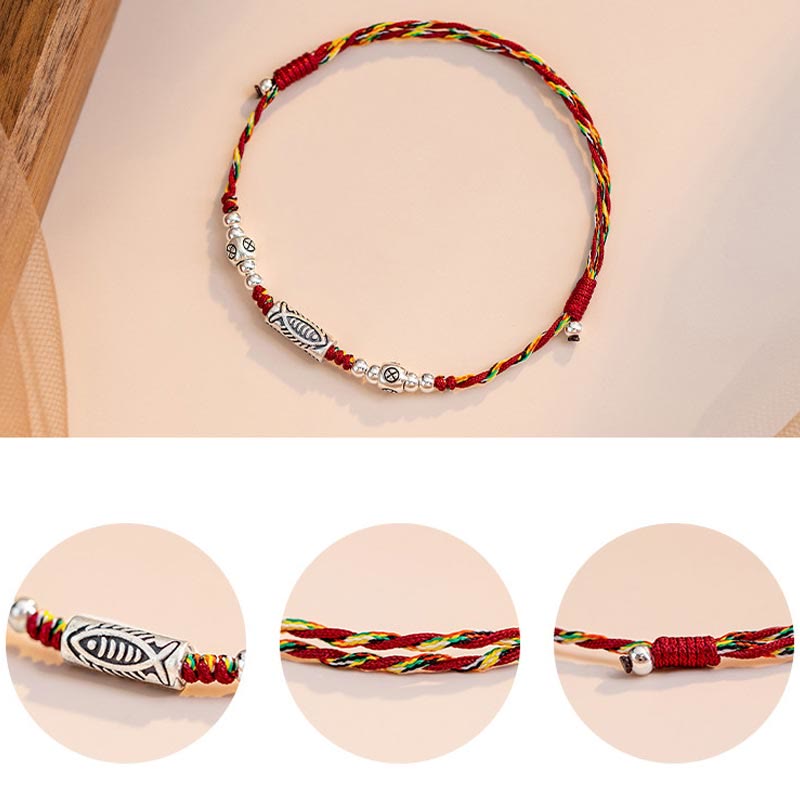 Buddha Stones 925 Sterling Silver Luck Koi Fish Braided Colorful String Bracelet Anklet Bracelet BS 11