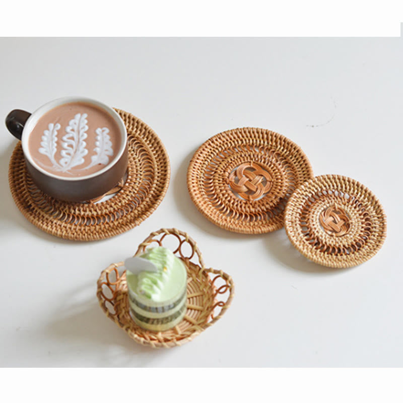 Buddha Stones Ceramic Flower Pattern Rattan Cup Mat Tea Cup Coaster Decorations BS 8