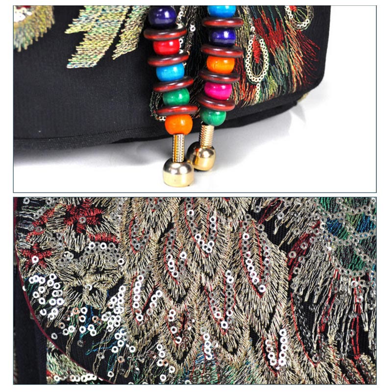 Buddha Stones Peacock Embroidery Canvas Tassel Backpack - image 5