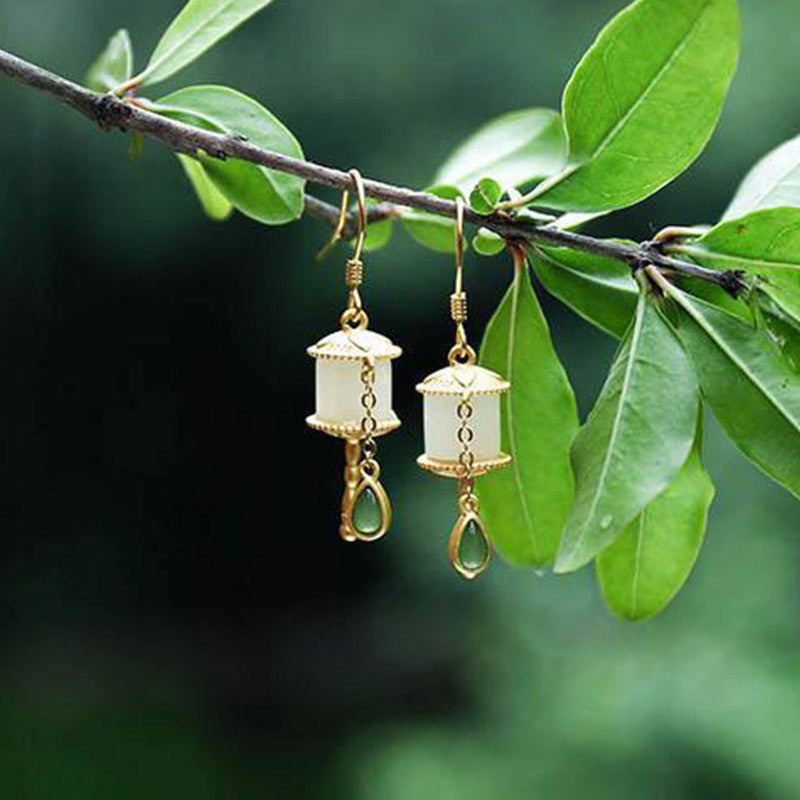 Buddha Stones 925 Sterling Silver Jade Prayer Wheel Luck Drop Earrings Earrings BS 3