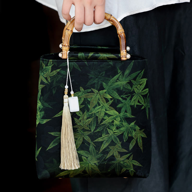 Buddha Stones Bamboo Leaves Butterfly Koi Fish Bamboo Handles Handbag Handbags BS 13