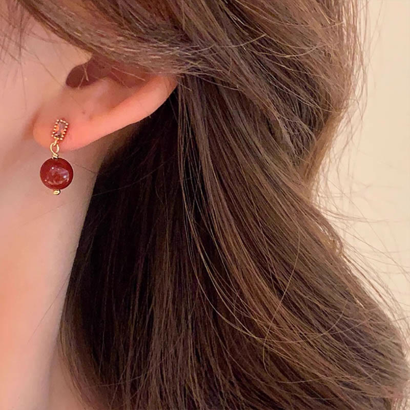 Buddha Stones 925 Sterling Silver Posts 14K Gold Filled Cinnabar Bead Zircon Calm Earrings Earrings BS 6