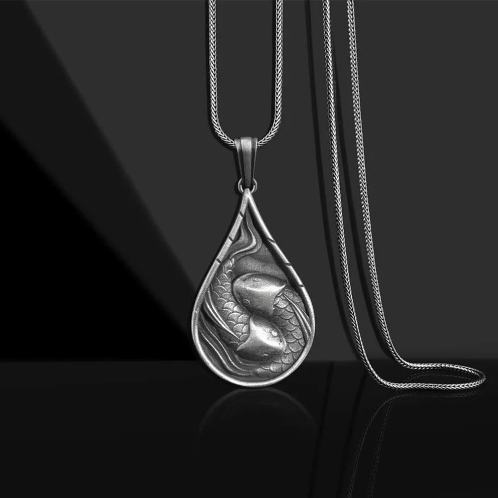 Buddha Stones Double Lucky Koi Fish Prosperity Pure Tin Water Drop Pattern Necklace Pendant Necklaces & Pendants BS Koi Fish Pendant&Keel Chain