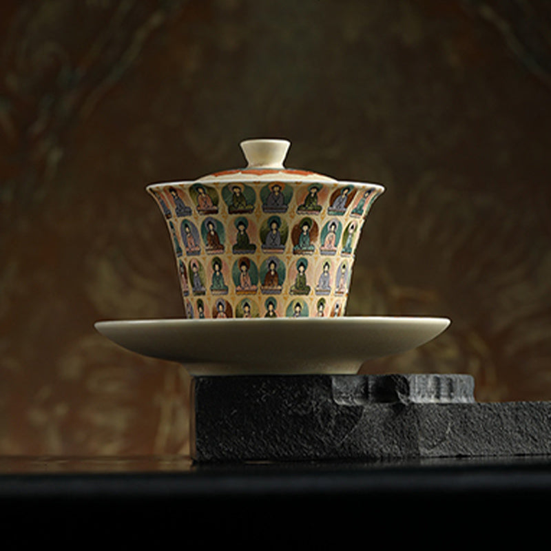 Buddha Stones Dunhuang Color Thousand Buddhas Flying Apsaras Pattern Gaiwan Teacup Kung Fu Tea Cup With Lid Cup BS Dunhuang Thousand Buddhas 13.5cm*9.5cm*150ml