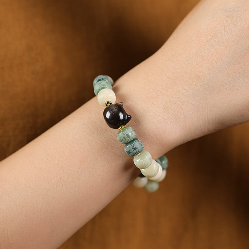 Buddha Stones Bodhi Seed Silver Sheen Obsidian Cat Head Om Mani Padme Hum Engraved Harmony Bracelet Bracelet BS 11