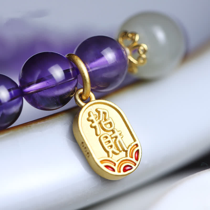 Buddha Stones Natural Amethyst Crystal Hetian Jade Healing Charm Bracelet Bracelet BS 7