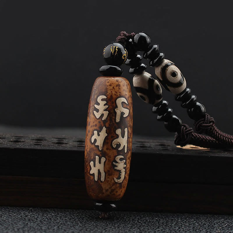 Buddha Stones Tibet Om Mani Padme Hum Dzi Bead Avalokitesvara Pattern Wealth Necklace Pendant Necklaces & Pendants BS Dzi Bead